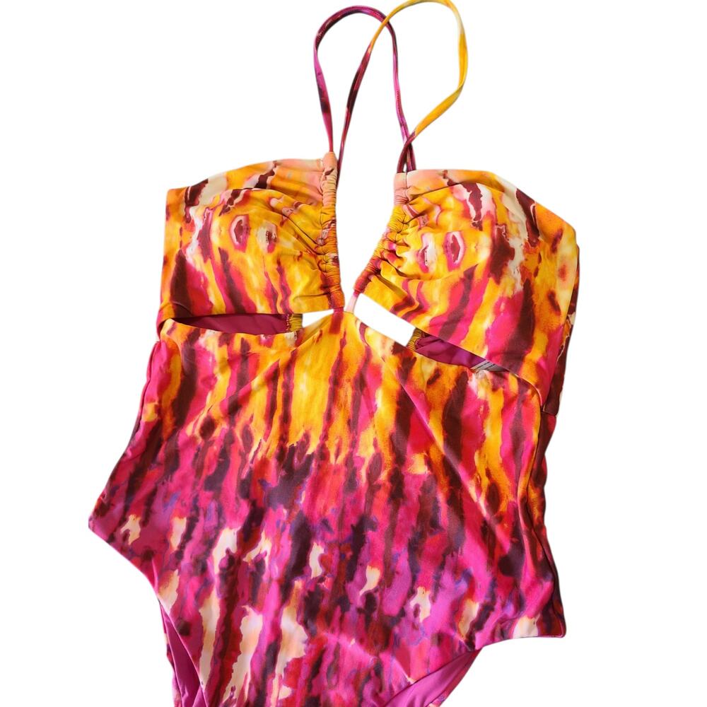 Anthropologie Maeve Ruched One Piece Swimsuit Multi Tie Dye Cutout Large L NWOT - Picture 4 of 11